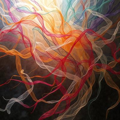 The primary subject of the image is a colorful, abstract pattern made up of various colors, including red, orange, yellow, and blue. The pattern is displayed on a dark background, creating a striking contrast. The visual style of the image is a combination of photo and digital art, as it appears to be a close-up of a colorful fabric or a painting with a textured background. The colors and mood of the image are vibrant and lively, with the bold colors and intricate pattern creating a sense of energy